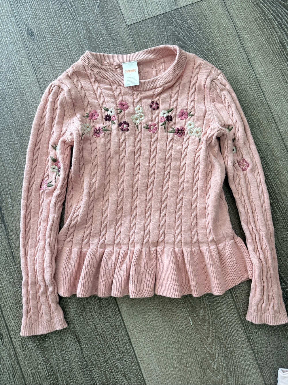 Gymboree Pink Cable Knit Sweater with Floral Embroidery